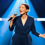 A professional female stand-up comedian on a brightly lit stage, holding a microphone. She is wearing a modest, stylish professional jumpsuit, fully clothed, appropriate attire. The background features a softly blurred audience, with vibrant stage lights creating an engaging atmosphere. The pose is energetic and confident, capturing a natural moment of performance. safe for work, appropriate content, family-friendly, perfect anatomy, correct proportions, natural pose, well-formed hands, proper finger count, natural body proportions, high-quality photography.