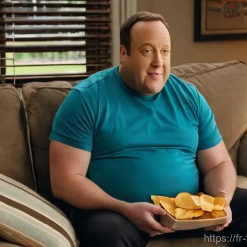 Kevin James 킹 오브 퀸즈와 코미디 - **Prompt:** A medium shot of Kevin James as Doug Heffernan, in his cozy suburban living room, seated...