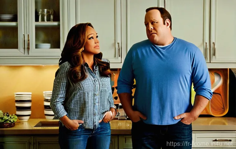 Kevin James 킹 오브 퀸즈와 코미디 - **Prompt:** A medium shot of Kevin James as Doug Heffernan, in his cozy suburban living room, seated...