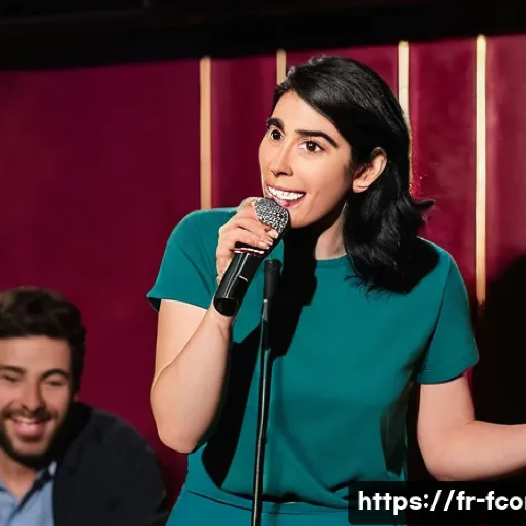 Sarah Silverman 논란과 코미디 경계 - A vibrant comedy club scene in Paris at night, featuring a confident female comedian on stage resemb...