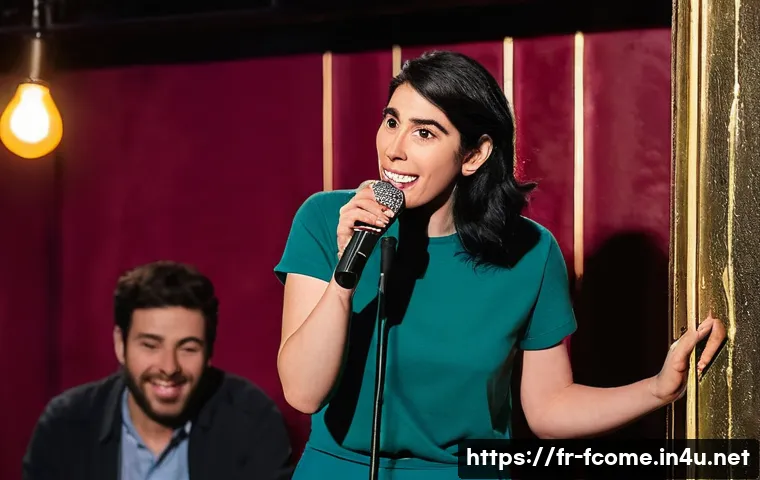 Sarah Silverman 논란과 코미디 경계 - A vibrant comedy club scene in Paris at night, featuring a confident female comedian on stage resemb...