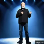 George Carlin 금기와 풍자의 대가 - A dynamic stage performance scene featuring a middle-aged male comedian resembling George Carlin, dr...