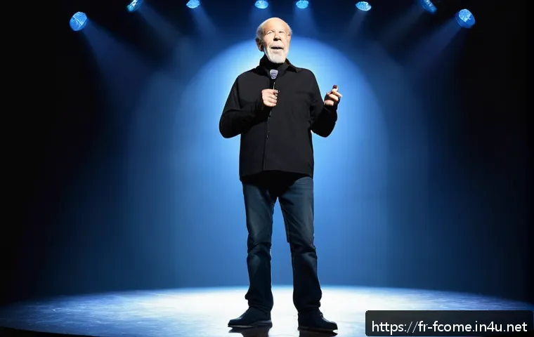 George Carlin 금기와 풍자의 대가 - A dynamic stage performance scene featuring a middle-aged male comedian resembling George Carlin, dr...