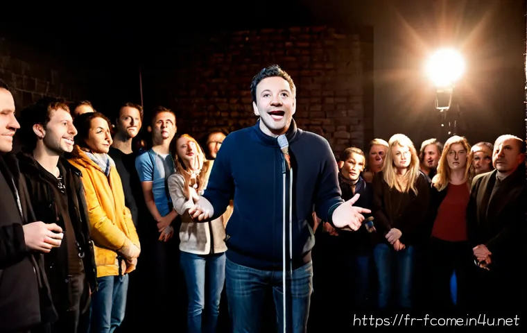 Daniel Tosh 블랙코미디와 논란 - Photorealistic editorial scene of a male stand-up comedian on a small Paris comedy-club stage, holdi...